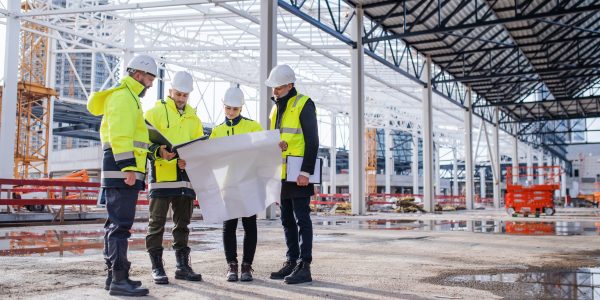 Group of engineers with blueprints standing on construction site.