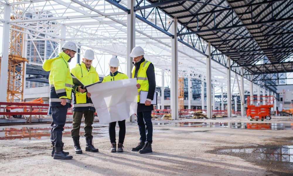 Group of engineers with blueprints standing on construction site.